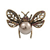 Small Vintage Inspired Crystal Faux Pearl Bug Brooch In Aged Gold Tone - 40mm Across
