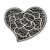 White Rose Motif In The Black Hematite Crystal Heart Brooch In Gun Metal - 50mm Across