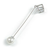 Pearl Bead and Square Charm with CZ Lapel, Hat, Suit, Tuxedo, Collar, Scarf, Coat Stick Brooch Pin in Silver Tone - 60mm L
