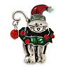 Vintage Inspired Christmas Cat Brooch In Aged Silver Tone - 35mm Tall