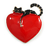 Black Cat with Red Heart Enamel Brooch in Gold Tone Metal - 40mm Tall