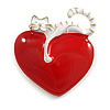 White Cat with Red Heart Enamel Brooch/ Pendant in Gold Tone Metal - 40mm Tall