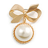 Matte Gold Tone Finish Bow with A Pearl Dangle Brooch - 55mm Long