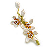 Stunning Magnolia Flowers Floral Enamel Brooch in Gold Tone - 55mm Long