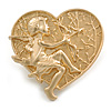 Matt Gold Tone Heart and Cupid Brooch - 45mm Tall