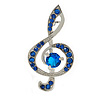 Blue Crystal Treble Clef Musical Brooch in Gold Tone - 40mm Tall