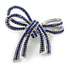 Double Bow Sapphire Blue Crystal Brooch In Rhodium Plating - 50mm W