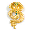 Oversized Solid Cobra Snake Brooch/Pendant in Bright Gold Tone with Green Crystals - 11cm Long