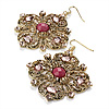 Square Shape Jewelled Filigree Drop Earrings (Burn Gold & Pink) - 7cm Drop