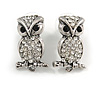 Antique Silver Crystal Owl Stud Earrings - 2.5cm Length