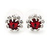 Small Red/Clear Diamante Stud Earrings In Silver Finish - 10mm Diameter