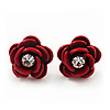 Small Red Enamel Diamante 'Rose' Stud Earrings In Silver Finish - 10mm Diameter