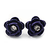 Small Deep Purple Enamel Diamante 'Rose' Stud Earrings In Silver Finish - 10mm Diameter