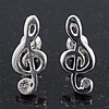 Small 'Treble Clef' Stud Earrings In Silver Tone Metal - 18mm Length