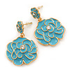 Light Blue Enamel 'Rose' Drop Earrings In Gold Plating - 4cm Length