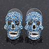 Small Dazzling Blue Crystal Skull Stud Earrings In Silver Plating - 2cm Length