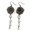 Dim Grey Mesh Crystal 'Rose' Drop Earrings - 8cm Length