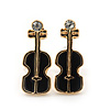 Children's/ Teen's / Kid's Small Black Enamel 'Violin' Stud Earrings In Gold Plating - 13mm Length