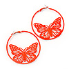 Neon Orange Filigree Butterfly Metal Hoop Earrings - 6cm Diameter