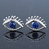 Teen Rhodium Plated 'Eyes' With Blue Crystal Stud Earrings - 14mm Width