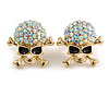 AB Crystal Skull & Crossbones Stud Earrings In Gold Tone - 20mm Tall