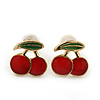 Children's/ Teen's / Kid's Tiny Red/ Green Enamel 'Double Cherry' Stud Earrings In Gold Plating - 7mm Length