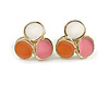 Tiny White/Pink/Orange Enamel Triple Circle Stud Earrings in Gold Tone - 12mm Diameter