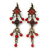 Vintage Inspired Red Enamel, Crystal, Bead Drop Earrings With Leverback Closure In Bronze Tone Metal - 65mm Length