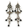 Vintage Inspired Grey Enamel, Crystal, Bead Drop Earrings With Leverback Closure In Antique Silver Metal - 65mm Length