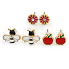 Children's/ Teen's / Kid's Red Apple, Pink Flower, Black/ White Bee Stud Earring Set In Gold Tone - 8-10mm