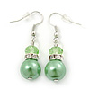 Lime Green Simulated Glass Pearl, Crystal Drop Earrings In Rhodium Plating - 40mm Length