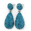 Bridal, Prom, Wedding Pave Teal Blue Austrian Crystal Teardrop Earrings In Rhodium Plating - 48mm Length