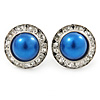 Blue Acrylic Bead, Diamante Button Stud Earrings In Silver Tone - 15mm Diameter