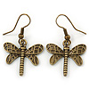 Bronze Tone Etched Dragonfly Drop Earrings - 37mm L