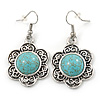 Vintage Inspired Floral Turquoise Floral Drop Earrings In Antique Silver Tone - 45mm L