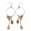 Silver Tone Beige Glass Bead Charm Hoop Earrings - 95mm L