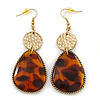 Long Animal Print Resin Teardrop Earrings In Gold Tone - 90mm L