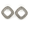 Rhodium Plated Clear Crystal Open Cut Square Stud Earrings - 20mm