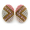 Boho Style Pink/ White/ Pale Pink Beaded Oval Stud Earrings In Gold Tone - 25mm L