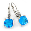 Pear Cut Sky Blue CZ/ Clear Crystal Drop Earrings In Rhodium Plating With Leverback Closure - 25mm L