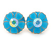 Light Blue Enamel Crystal Daisy Stud Earrings In Gold Tone - 15mm D