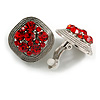 Vintage Inspired Red Crystal Square Clip On Earrings In Antique Silver - 23mm L