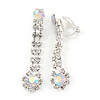 AB/ Clear Crystal Teardrop Clip On Earrings In Silver Tone - 45mm L