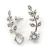 Clear Crystal Leaf Stud Earrings In Silver Plating - 30mm L