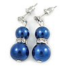 9mm Inky Blue Glass Pearl Bead With Crystal Ring Drop Earrings In Silver Tone - 30mm