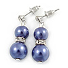 9mm Purple Glass Pearl Bead With Crystal Ring Drop Earrings In Silver Tone - 30mm