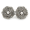 Clear Crystal Flower Stud Earrings In Rhodium Plated Metal - 20mm D