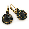 Vintage Inspired Dark Green Crystal Round Drop Leverback/ French Hook Earrings In Antique Gold Tone Metal - 37mm L