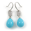 Light Blue Ceramic Teardrop Bead Clear CZ Drop Earrings 925 Sterling Silver - 40mm L