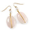 Vintage Inspired Rose Quarz Oval Drop Earrings with Gold Tone Wire - 50mm L